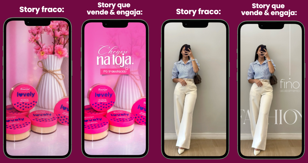 Comparação entre Story simples e Story com figurinhas e destaques visuais